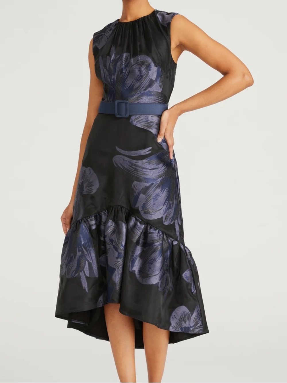Kay Unger Beatrix Floral Jacquard High Low Midi Dress Belted Blue Black 6